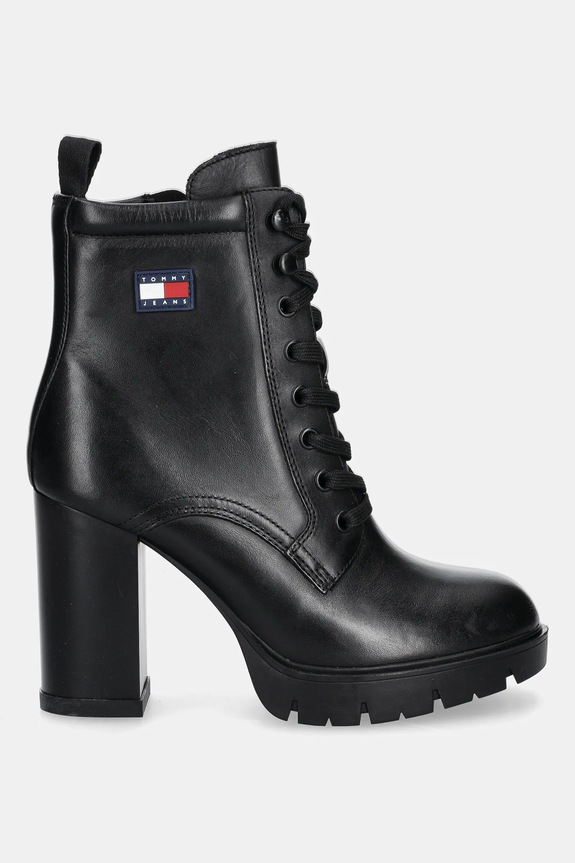 Tommy Jeans cizme de piele TJW HEEL LACE UP BOOT EN0EN02832 negru AW25