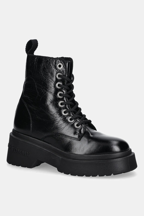 Tommy Jeans bocanci de piele TJW CHUNKY SHINY LEATHER BOOT pana la 5 cm negru EN0EN02848