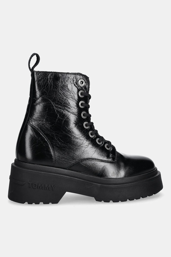 Tommy Jeans bocanci de piele TJW CHUNKY SHINY LEATHER BOOT EN0EN02848 negru AW25