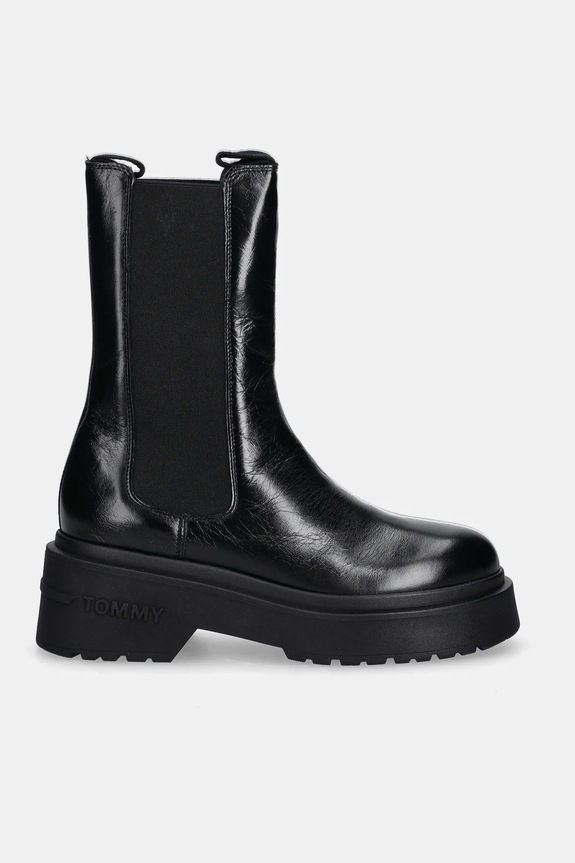 Kožené kotníkové boty Tommy Jeans CHUNKY SHINY LEATHER CHELSEA EN0EN02888 černá AW25