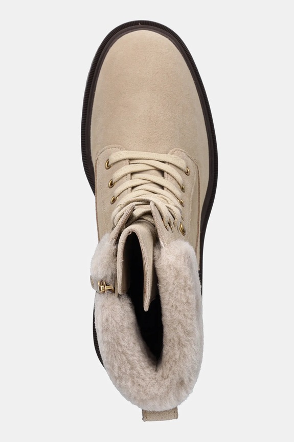 Tommy Hilfiger cizme din piele întoarsă TH SHEARLING LACE UP BOOT bej FW0FW08999