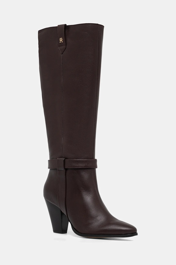 Tommy Hilfiger kozaki skórzane TH T-STRAP LTHR POINTY LONG BOOT słupek brązowy FW0FW08982