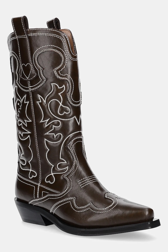 GANNI kowbojki Mid Shaft Embroidered Western Boot Oleatex nieocieplane brązowy S3112