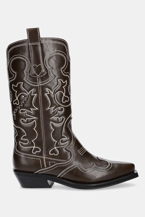 GANNI kowbojki Mid Shaft Embroidered Western Boot Oleatex S3112 brązowy AW25
