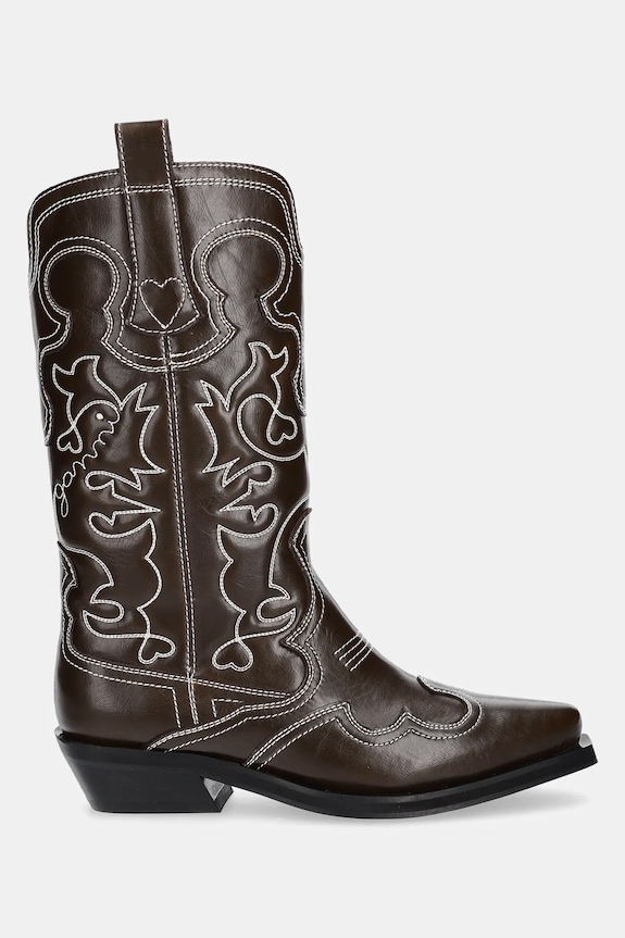 GANNI kowbojki Mid Shaft Embroidered Western Boot Oleatex S3112 brązowy AW25