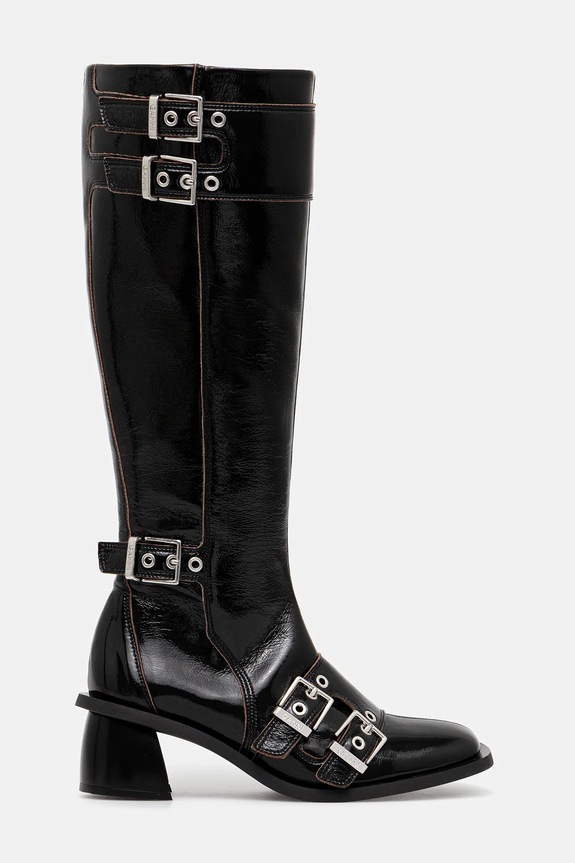 GANNI kozaki Feminine Buckle High Boot Naplack S2740 czarny AW25