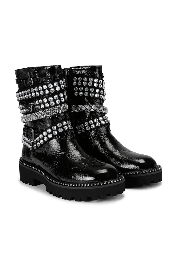 Scarpe Kurt Geiger London stivaletti alla caviglia in pelle Multi Strap Flat Boot 4994309419 nero