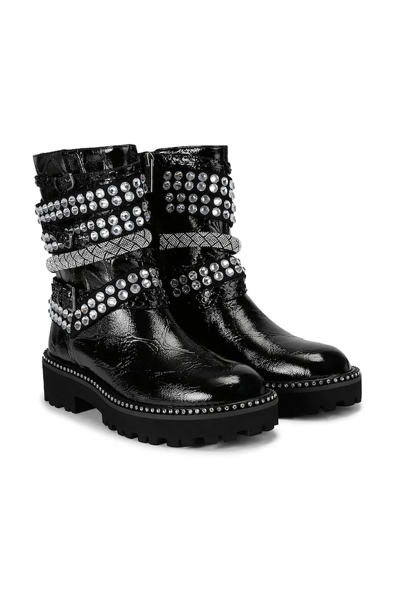 Scarpe Kurt Geiger London stivaletti alla caviglia in pelle Multi Strap Flat Boot 4994309419 nero