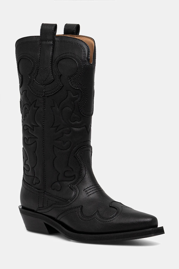 GANNI kowbojki Mid Shaft Embroidered Western Boot imitacja skóry licowej czarny S3110