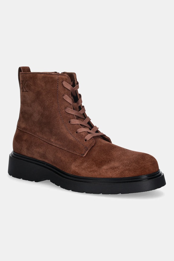 Calvin Klein pantofi de piele întoarsă COMBAT ESS LACE UP ZIP BOOT SU cu snur maro YM0YM01371
