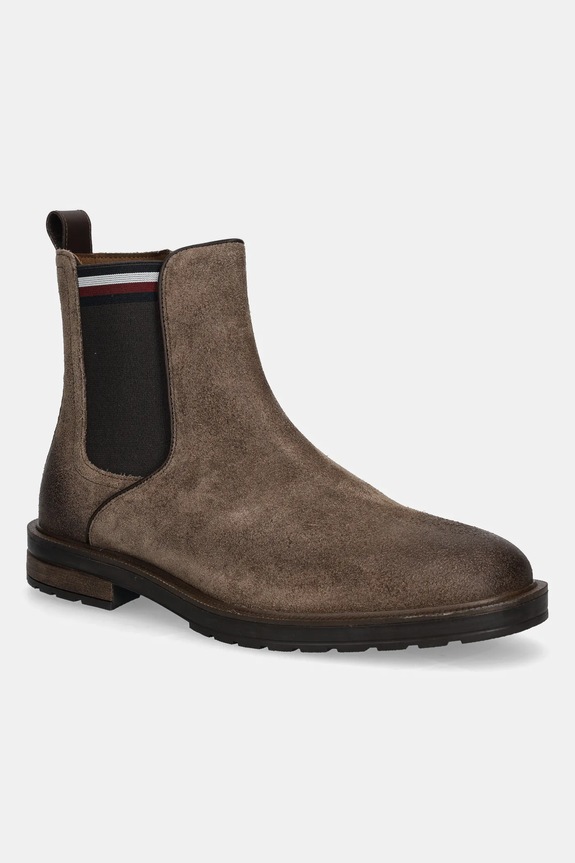 Semišové kotníkové boty Tommy Hilfiger CLEATED HILFIGER SUEDE CHELSEA nezateplené hnědá FM0FM05560