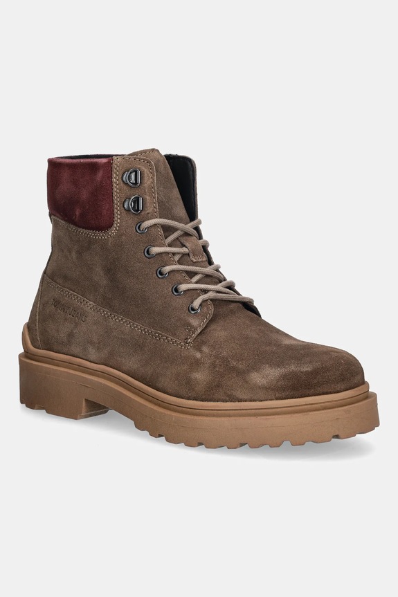 Kožené vysoké topánky Tommy Jeans TJM LACE UP BOOT SUEDE nezateplené hnedá EM0EM01642