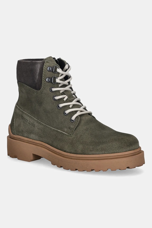 Kožené vysoké topánky Tommy Jeans TJM LACE UP BOOT SUEDE nezateplené zelená EM0EM01642