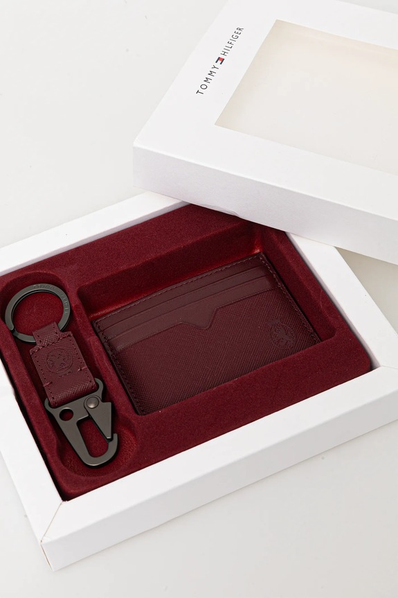 Tommy Hilfiger custodia per carte di credito in pelle e portachiavi granata AM0AM13779