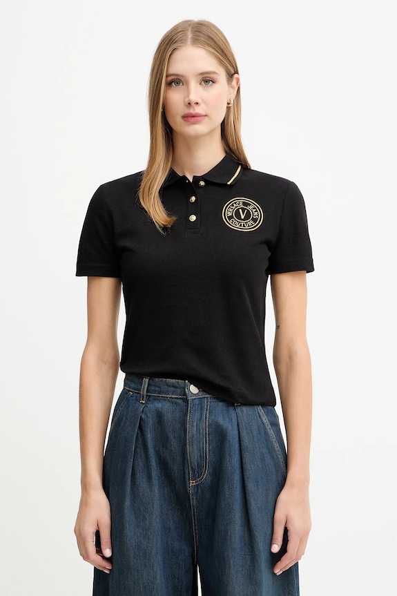 Pamučna polo majica Versace Jeans Couture natpis crna 79HAGT00.CJ01T