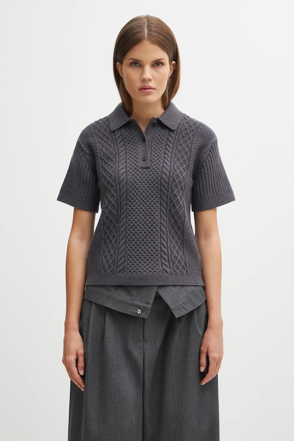 JW Anderson sweter z dodatkiem wełny Cropped Cable Knit Polo gruba szary KW1443.YN0446