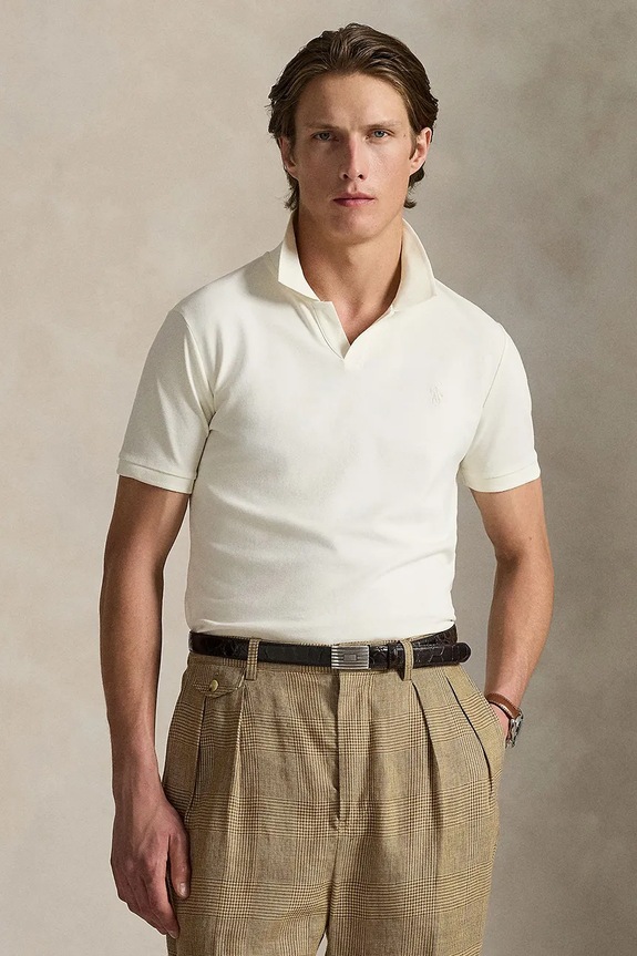 Памучна тениска с яка Polo Ralph Lauren памук бежов 710968951