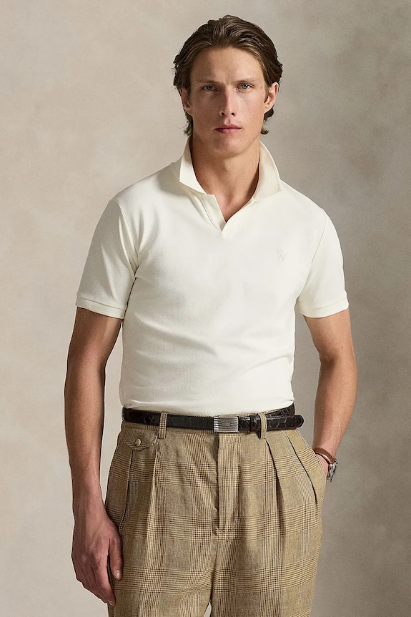 Памучна тениска с яка Polo Ralph Lauren памук бежов 710968951