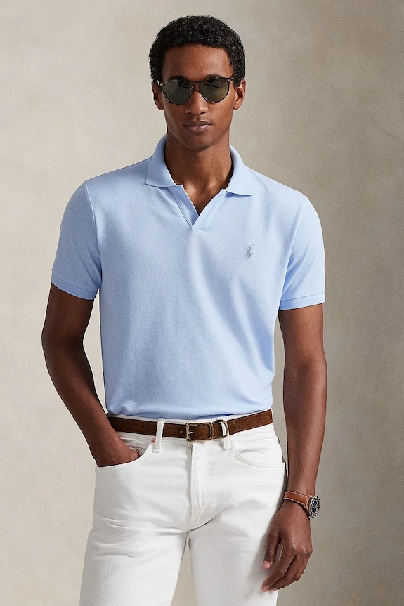 Памучна тениска с яка Polo Ralph Lauren вталена син 710968951