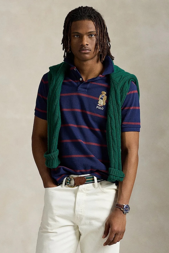 Βαμβακερό μπλουζάκι πόλο Polo Ralph Lauren Sskccmslm24 Short Sleeve εμπριμέ σκούρο μπλε 710971839