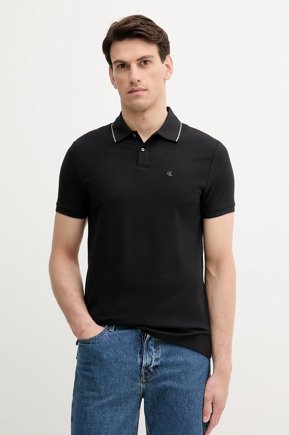 Calvin Klein πόλο ανδρικό βαμβακερό κανονικό μαύρο LV04LC239G