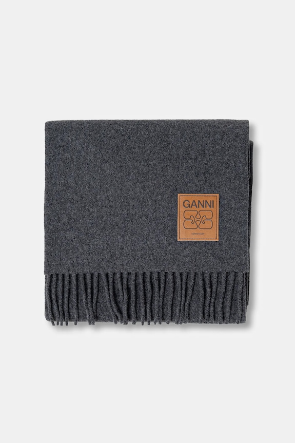 GANNI szalik wełniany Double Face Wool Solid A6932 szary AW25