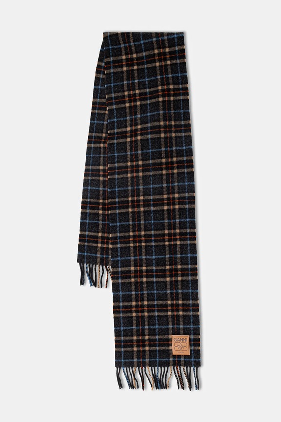 GANNI szalik wełniany Double Face Wool Check dzianina szary A6933