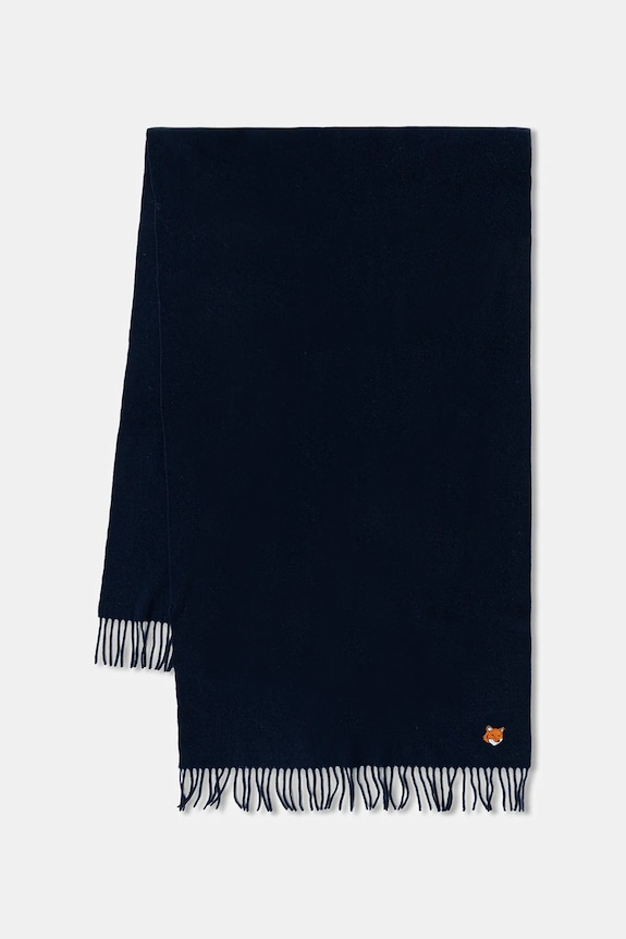 Maison Kitsuné szalik wełniany Fox Head gładkie granatowy PM06201WB0044