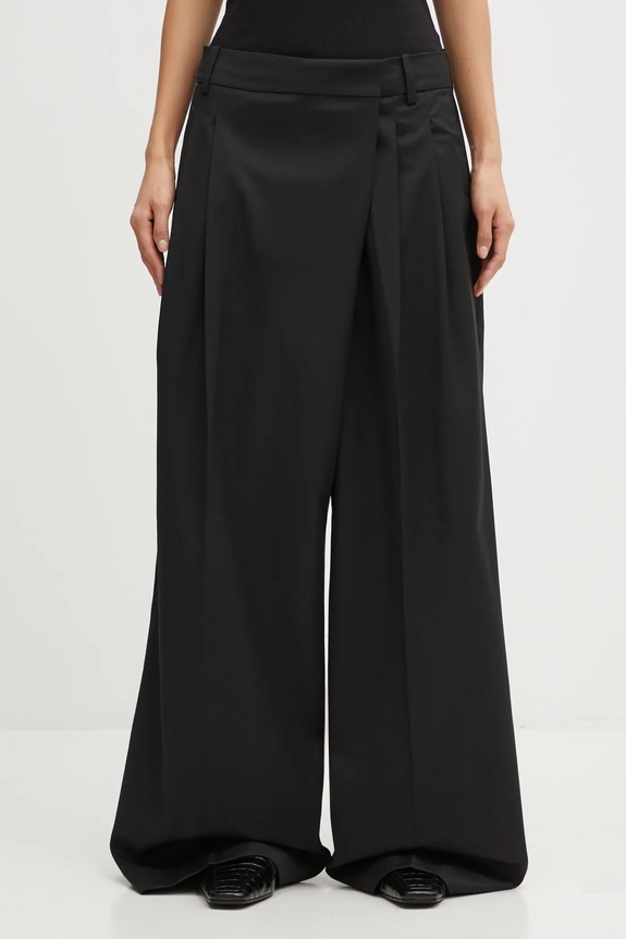 GANNI spodnie z dodatkiem wełny Calendered Wool Mid Waist dzianina czarny W0799
