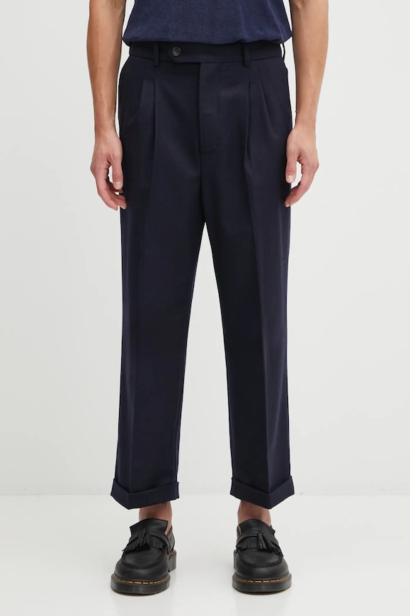 Hlače s dodatkom vune Drôle de Monsieur Le Pantalon Plis Cropped ravni mornarsko plava I.BP192.WV008