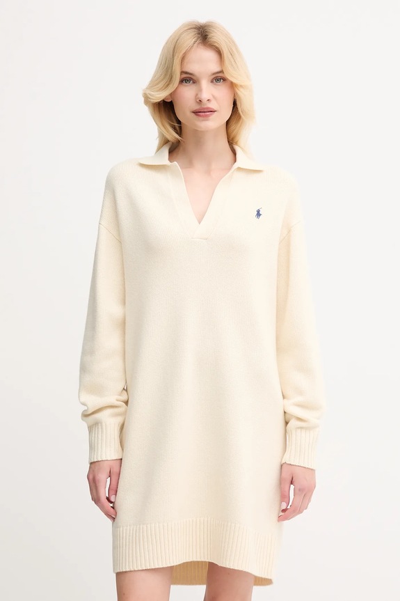 Μάλλινο φόρεμα Polo Ralph Lauren μακρύ μπεζ 211A91143