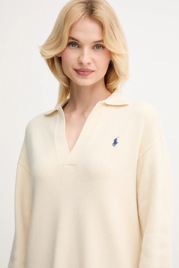 Μάλλινο φόρεμα Polo Ralph Lauren μπεζ 211A91143