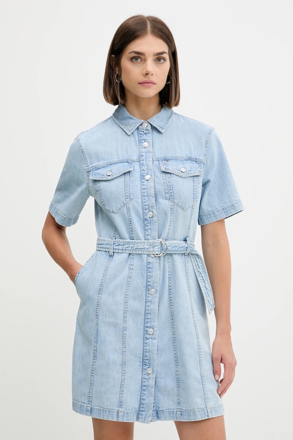 Tommy Jeans rochie jeans cu guler albastru DW0DW21168