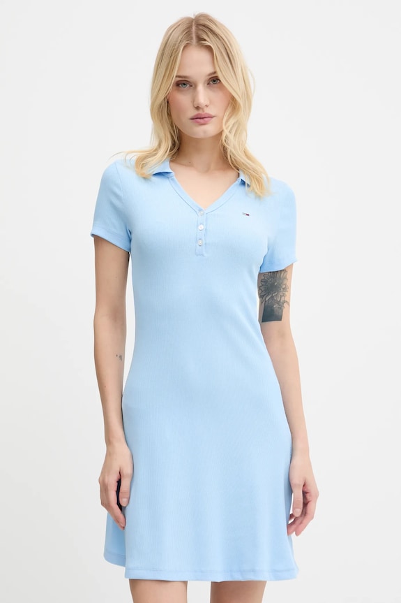 Tommy Jeans rochie cu guler albastru DW0DW21172