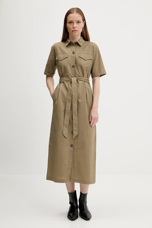 Barbour sukienka z domieszką lnu NICOLE LDR0894 zielony AW25