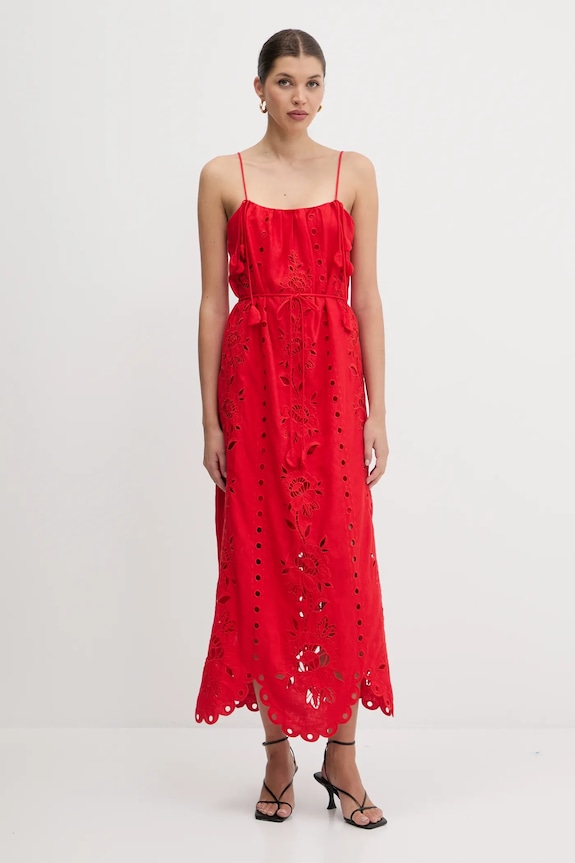 Λινό φόρεμα Farm Rio απλικέ κόκκινο 336561