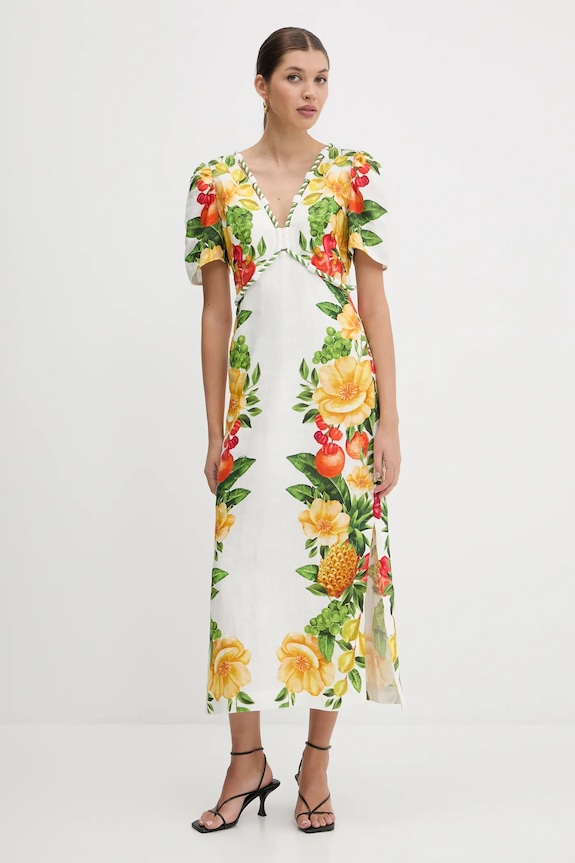 Λινό φόρεμα Farm Rio εμπριμέ λευκό 335815