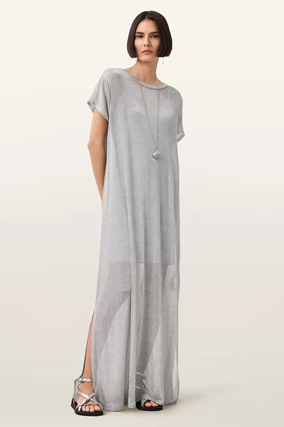 AllSaints rochie THEA maxi argintiu W236DC
