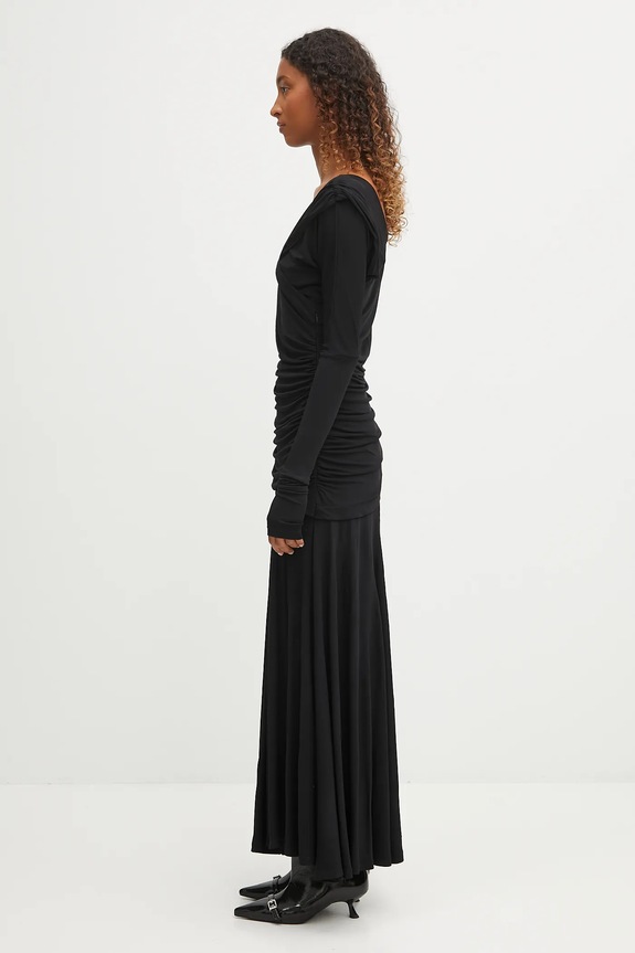 GANNI sukienka Interlock Jersey Crossover Ruched Long T4213 czarny AW25