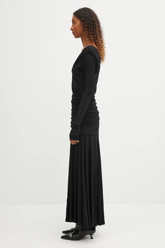 GANNI sukienka Interlock Jersey Crossover Ruched Long T4213 czarny AW25