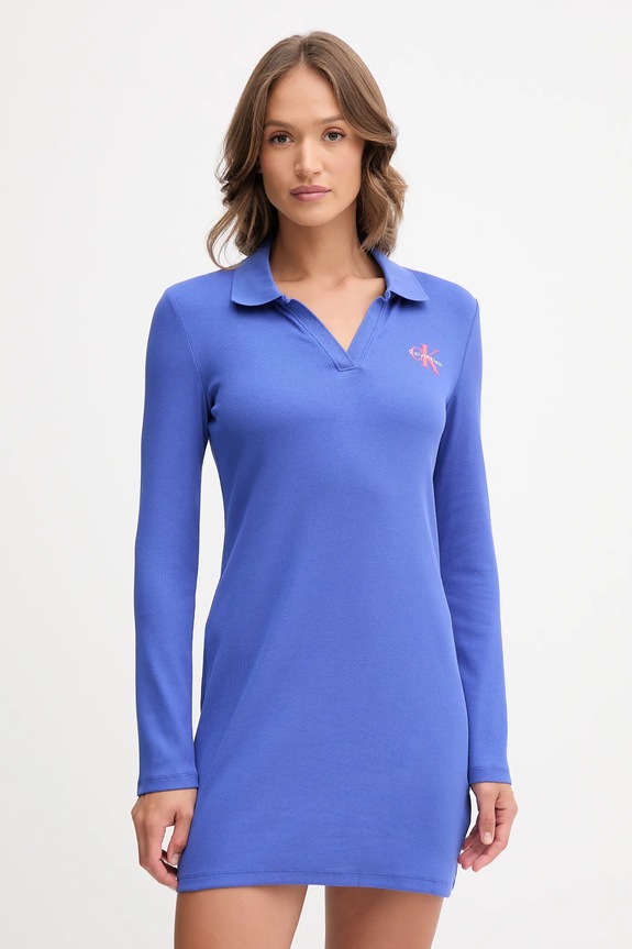 Calvin Klein Jeans rochie cu guler albastru LV047D214G