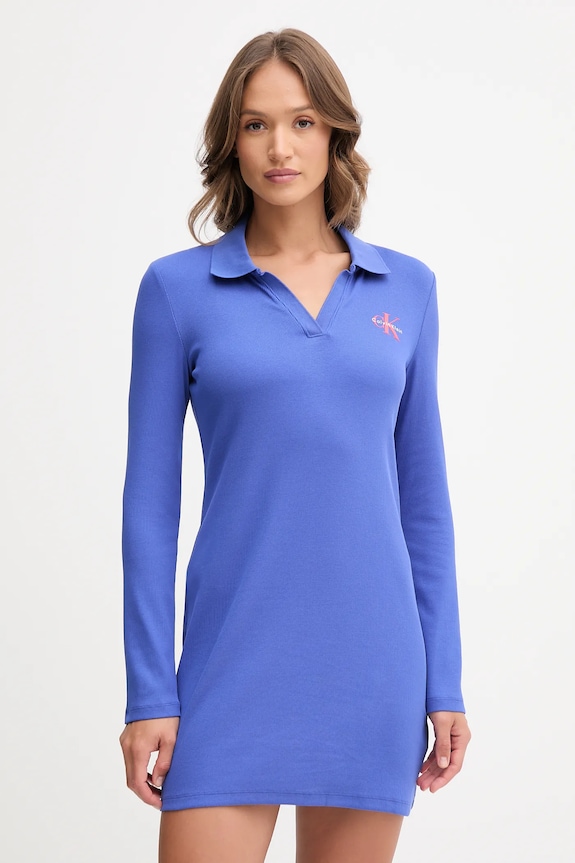 Calvin Klein Jeans rochie cu guler albastru LV047D214G