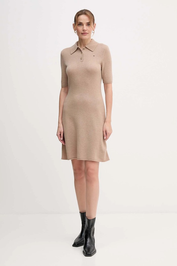 Vlnené šaty Tommy Hilfiger WW0WW46436 béžová AW25