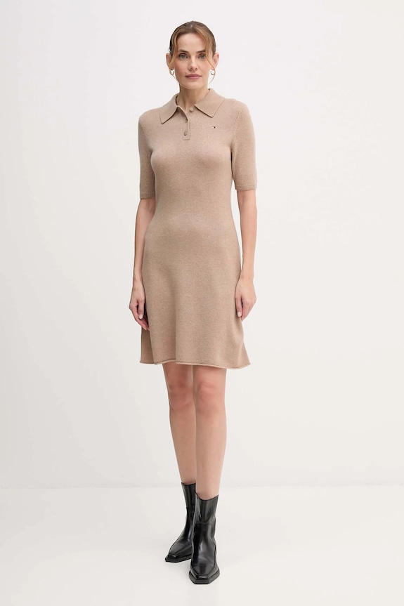 Vlnené šaty Tommy Hilfiger WW0WW46436 béžová AW25
