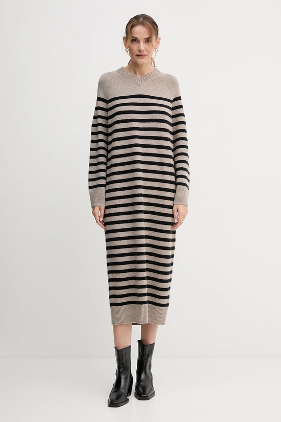 Vlnené šaty Tommy Hilfiger pásiky béžová WW0WW46761