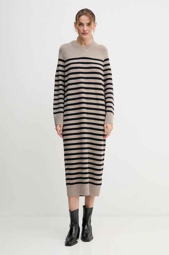 Vlnené šaty Tommy Hilfiger pásiky béžová WW0WW46761