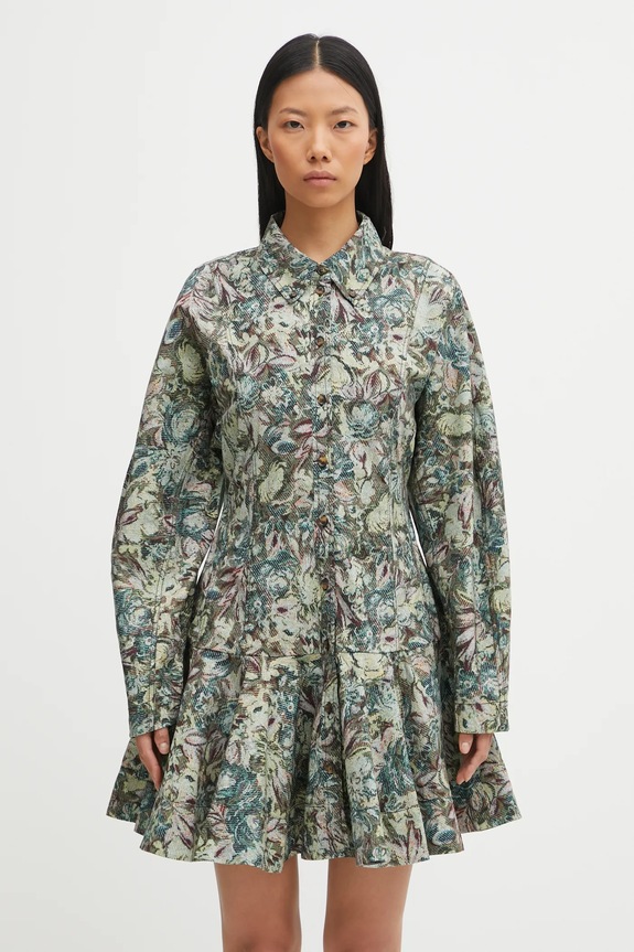 GANNI sukienka Printed Stretch Cotton Buttoned Mini casual zielony W1096
