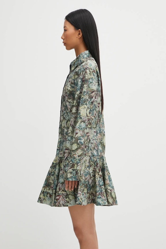 GANNI sukienka Printed Stretch Cotton Buttoned Mini W1096 zielony AW25