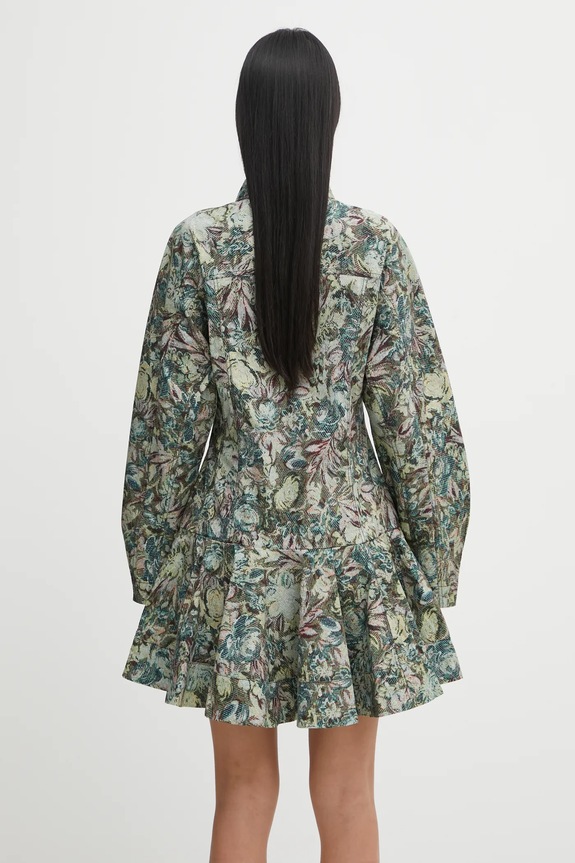 Odzież GANNI sukienka Printed Stretch Cotton Buttoned Mini W1096 zielony