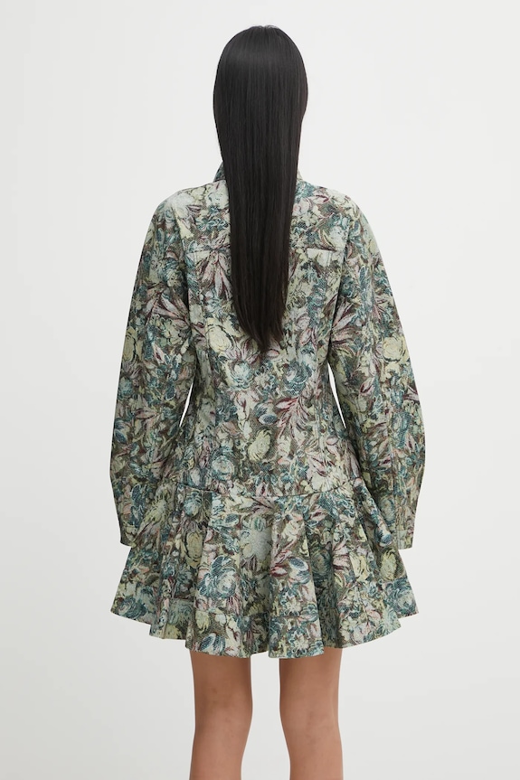 Odzież GANNI sukienka Printed Stretch Cotton Buttoned Mini W1096 zielony